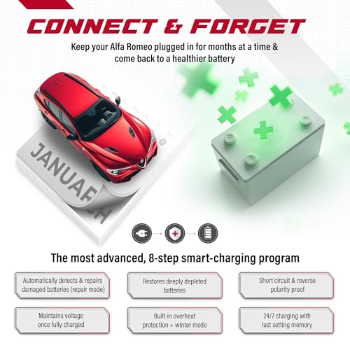 JMR 12V Battery Charger for Alfa Romeo, 12V Cig. Port, No Lithium Mode | Trickle Charger Conditioner Maintainer For Stelvio Giulia Giulietta Tonale 4C MiTo 8C Brera 159 GT 147 166 156 All Models - size: No Lithium Mode