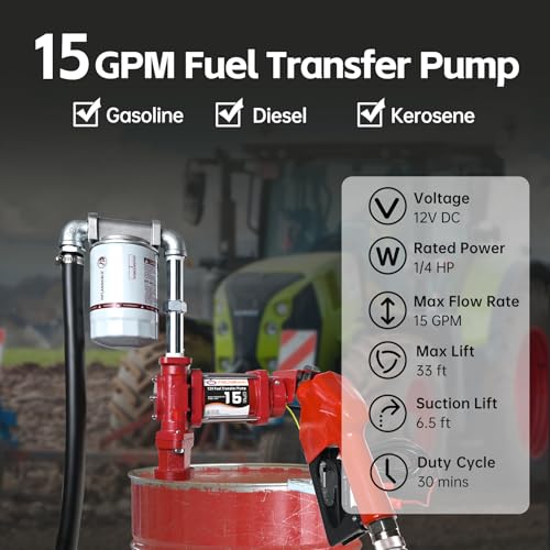 FMCNMech 12V Fuel Transfer Pump, 15 GPM Diesel Transfer Pump Kit with Automatic Shut-Off Nozzle, Heavy-Duty Fuel Pump with 13 ft Hose for Gasoline, Diesel & Kerosene - color: 15 GPM Gas & Diesel Pump