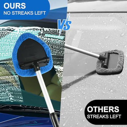 6 Pcs Windshield Cleaning Tool, Car Window Cleaner Kit with 5 Reusable Microfiber Pads, 1 Spray Bottles, Extendable Long Handle, Auto Inside Glass Wiper Kit for Vehicles(Blue)