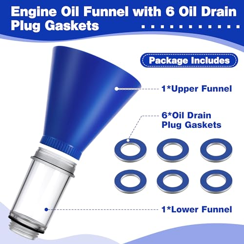 Feekoon Funnels for Automotive Use, Engine Oil Change Tool with 6 Oil Drain Plug Gaskets, Compatible with Toyota/Lexus/Scion/Camry/Corolla/RAV4/Tacoma/Sienna/Tundra/RX350