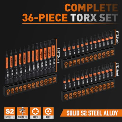 HORUSDY Torx Bit Set, 36pcs Security Torx Bit Set,Tamper Proof Star Bits (T5-T40) for Impact Driver, S2 Steel Screwdriver 1" & 2.3" Long,Torque Security Bits with Storage Box - style: 36pcs Security Torx Bit