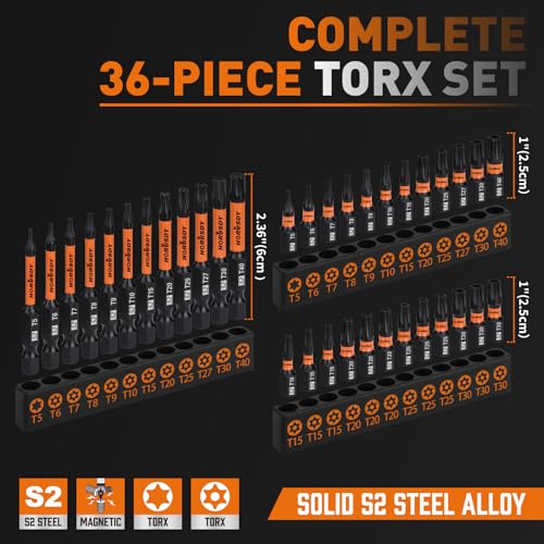 HORUSDY Torx Bit Set, 36pcs Security Torx Bit Set,Tamper Proof Star Bits (T5-T40) for Impact Driver, S2 Steel Screwdriver 1" & 2.3" Long,Torque Security Bits with Storage Box - style: 36pcs Security Torx Bit