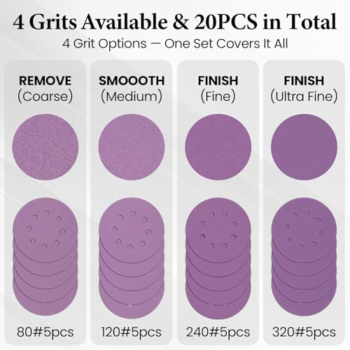 5 Inch 8 Hole Orbital Sander Foam Pads and Sanding Discs Hook and Loop | 4PCS Interface Pads & 20PCS Sandpaper (80 120 240 320 Grits), Soft & Hard Cushion Sponge Buffer Backing Pad for Sander - color: 4PC Pads & 20PC Sanding Discs