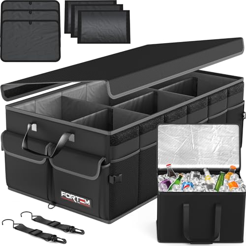 FORTEM Trunk Organizer with Cooler For SUV Car Trunk, Foldable Storage, Car Accessories for Women Men, Collapsible Bag, 600D Oxford, Non Slip Bottom, Straps, Soft Cover (105L) - color: Black, size: XXL (105L)