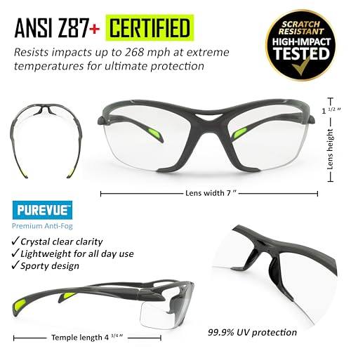 MAGID AcuSpex Clear, Semi-Frameless Safety Glasses, PureVue Premium Anti-Fog, 12 Pairs, Gray/Lime, PX4080 - style: 12 Pairs