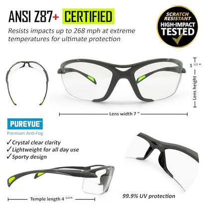 MAGID AcuSpex Clear, Semi-Frameless Safety Glasses, PureVue Premium Anti-Fog, 12 Pairs, Gray/Lime, PX4080 - style: 12 Pairs