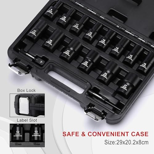 CASOMAN 16PCS 1/2" Drive Impact Bolt and Nut Extractor Socket Set, Stripped Lug Nut Remover Include Hex Shank Adapter & Pin Bar, for Removing Damaged Rusted Broken Rounded Fasteners off, CR-MO, Metric - size: 16-Piece