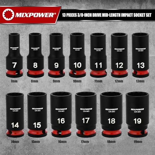 MIXPOWER 13 Pieces 3/8'' Drive Semi-Deep Impact Socket Set,12 Point,Metric,7-19mm,CR-MO,Axle Nut Impact Grade Socket for Easy Removal - size: 7-19mm