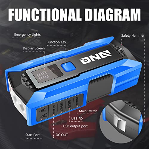 DNA Motoring 12V 2000A Peak Multi-Function Portable Car Battery Jump Starter for Up to 8.0L Gas / 6.3L Diesel Engine, with Carry Case,Blue/Black, TOOLS-00277 - color: Blue, style: 2000A Peak