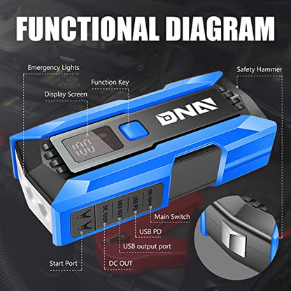 DNA Motoring 12V 2000A Peak Multi-Function Portable Car Battery Jump Starter for Up to 8.0L Gas / 6.3L Diesel Engine, with Carry Case,Blue/Black, TOOLS-00277 - color: Blue, style: 2000A Peak