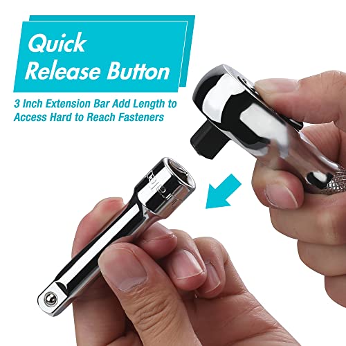 DURATECH Stubby Ratchet Set, 1/4-Inch and 3/8-Inch Ratchets with 2 Extension Bars, 4-piece, 72-T Reversible Quick-Release Head, Chrome Plated Finish and Full Polish - style: 1/4" & 3/8" Single Head Ratchets + Extension Bars