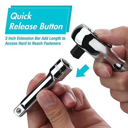 DURATECH Stubby Ratchet Set, 1/4-Inch and 3/8-Inch Ratchets with 2 Extension Bars, 4-piece, 72-T Reversible Quick-Release Head, Chrome Plated Finish and Full Polish - style: 1/4" & 3/8" Single Head Ratchets + Extension Bars