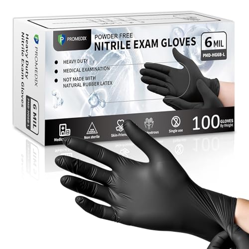 PROMEDIX P Black Disposable Nitrile Gloves, 6Mil 100 Pcs Food Safe Cooking Gloves Latex Free Rubber Gloves for Cleaning Exam - color: Black, size: Medium