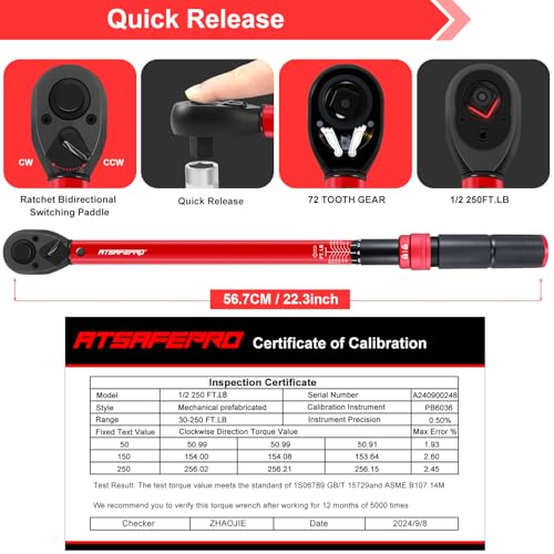 ATsafepro 1/2 Torque Wrench,1/2 Torque Wrench 30-250 Ft Lb(40.7-339.0 Nm) Dual scale,torque wrench 1/2 drive 250 ft-lb Pre-Calibrated Accuracy+-3% - Ideal for Automotive & Heavy Machinery Use - style: 1/2" 30~250 FT.LB Torque Wrench