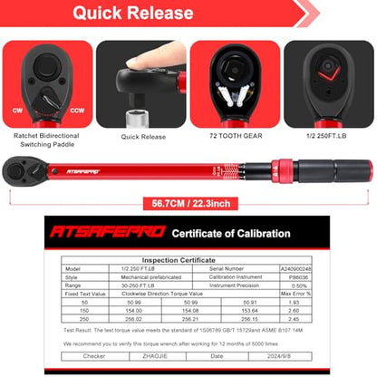 ATsafepro 1/2 Torque Wrench,1/2 Torque Wrench 30-250 Ft Lb(40.7-339.0 Nm) Dual scale,torque wrench 1/2 drive 250 ft-lb Pre-Calibrated Accuracy+-3% - Ideal for Automotive & Heavy Machinery Use - style: 1/2" 30~250 FT.LB Torque Wrench