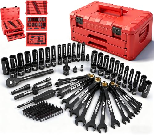 Premium 132-Piece Mechanics Tool Set, SAE/Metric 1/4" & 3/8" Drive Socket Set, Ratcheting Wrenches, Extensions & Adapters, Quick-Release Ratchet, Professional Auto Repair Tool Kit with Storage Case - style: New Version