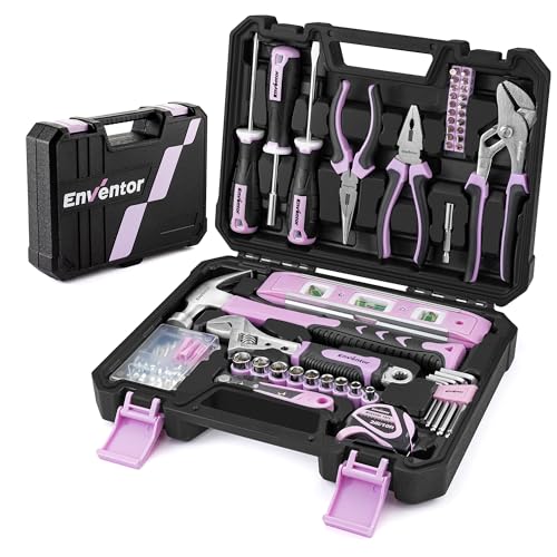 Enventor Pink Tool Kit Set for Women, 146PCS General Household Hand Tool Kit with Storage Toolbox, Ladies Small Basic Tool Kits for Home Maintenance, DIY Projects - color: Pink