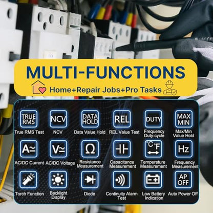 Digital Clamp Meter Multimeter 1000A AC/DC Amp Voltmeter, Auto-Ranging TRMS with Backlit LCD & NCV; Measures Voltage, Current, Temp, Duty Cycle, Capacitance, Frequency