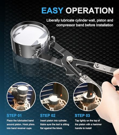 Piston Ring Compressor Tool Set 940387 with Compression Plier and 6 Piston Rings from 2-7/8" to 4-3/8", Used for Car Engine, Vehicle Maintenance Clamps, Ratchet Pliers, Storage Case