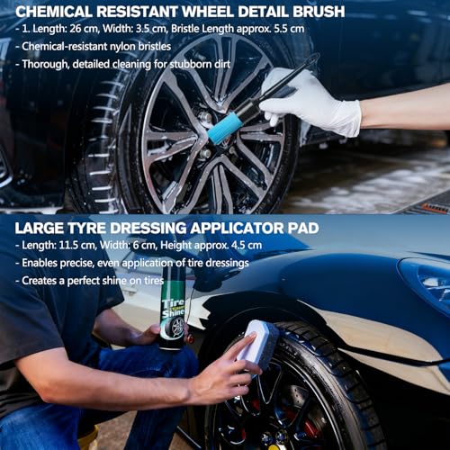 Professional Car Wheel Cleaning Kit with Ultra-Flat Wheel Brush, Tire Brush, Detailing Brush, Chenille Wash Mitt, Tire Shine Applicator Pad, Microfiber Towel | Gentle Scratch-Free Car Wash & Care