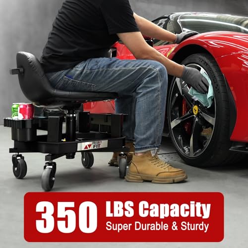 Rolling Stool with Wheels, Adjustable Shop Stool Mechanic Seat, Garage Shop Roller Work Chair, Mobile Rolling Seat with Tool Tray, 2 Cup Holders, 4" Casters, 350 LBS, Heavy-Duty, Black - color: Black