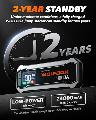 WOLFBOX 4000A Jump Starter,12V Car Battery Jumper Starter Portable with 65W Quick Charger,LED Display,88.8Wh Booster Jump Box Pack (10L Gas 10L Diesel Engine) with LED Light,Jumper Cables, MV24 - size: 4000A