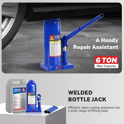 6T Bottle Jack with Tire Kit & Wheel Chock, 12,000 lbs | Welded steel jack for pickup, SUV, RV. 8.66"-16.93" lift. Chock included for safety. Portable. - color: 6 Ton with Tire Kit + Wheel Chock