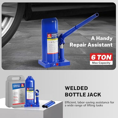 6T Bottle Jack with Tire Kit, Chock & Stands, 12,000 lbs | Jack , stands , chock and tire kit. 8.66"-16.93" lift. Welded steel for trucks & SUVs. - color: 6 Ton with Tire Kit + Wheel Chock + Jack Stands