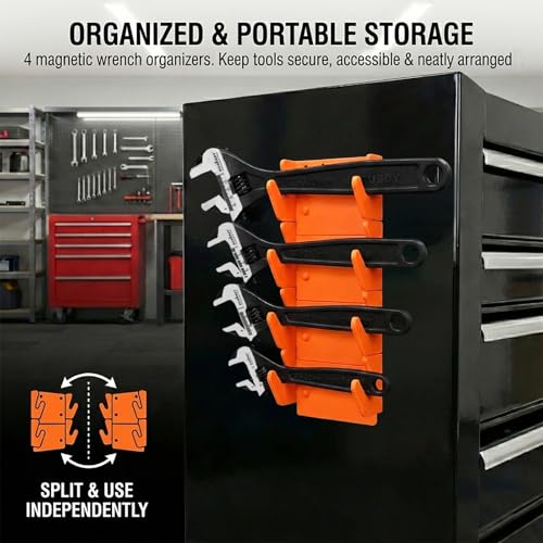 HORUSDY 4-Piece Adjustable Wrench Set With 4-Piece Magnetic Wrench Organizer Racks, 6" 8" 10" Wide Jaw Black Oxide Wrenches with Tool Roll Pouch, Metric&SAE Scales, CR-V Steel for Home Garage Workshop - style: 4 Wide Jaw Wrenches + 4 Magnetic Racks