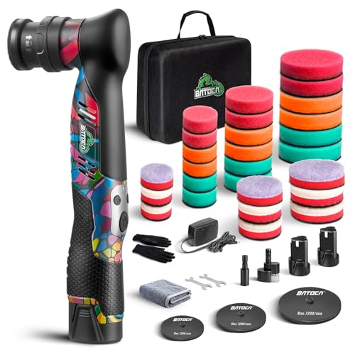 BATOCA S5 Cordless Mini Car Polisher Buffer Sander Dual Action Rotary Small Polishing Machine for Car Detailing 1inch 2inch 3inch Polishing Pad Kit with 2x 12V Battery 2000-5500RPM New Exterior Design - color: Multicolor