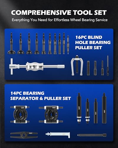 Orion Motor Tech Bearing Puller & Housing Removal Set, 30 pc. 2-in-1 Bearing Puller Tool Set for Wheel Bearing Bushing Axle, Blind Hole Bearing Puller & Bearing Separator Set with Slide Hammer Collets