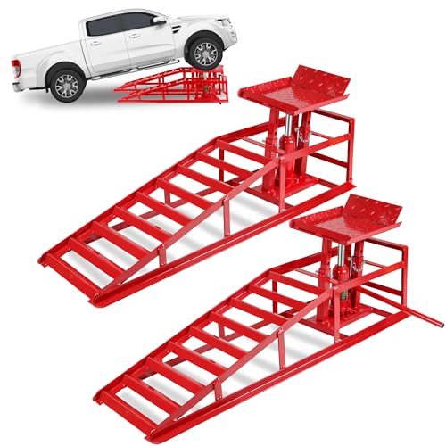 2 Pack Hydraulic Car Ramps 5T, Low Profile Truck Lift Service Ramps for Oil Changes, Truck Trailer Garage, for Home Garage, Vehicle Auto Garage Repair - color: Red