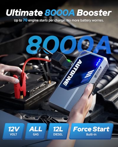 AUTOONE M4 Jump Starter 8000A Car Battery Jumper Starter Portable, 12V Jump Pack (All Gas/12L Diesel) Jump Box for Car Battery with Built-in Booster, Storage Case, LED Light, Jumper Cables - size: 8000A