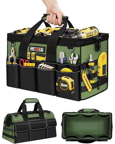 18-Inch Heavy Duty Tool Bag, 19-Pockets Tool Box Organizer, Portable Toolbag W/Soft Handle for Organized Storage, Mechanic Gifts for Men Dad Husband Fathers Day, Wide Mouth Electrician Toolbox, Green - style: 18Inch Handle-Green