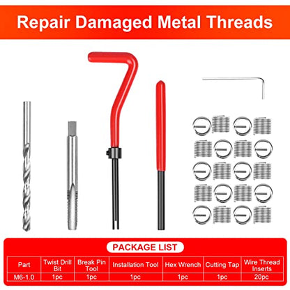 Thread Repair Kit M6 X 1.0mm, Metric Thread Repair Insert Kit | with HSS Drill Bits, Rethreading Inserts Tool Set for Damaged Thread Repairing - size: Metric,M6×1.0mm