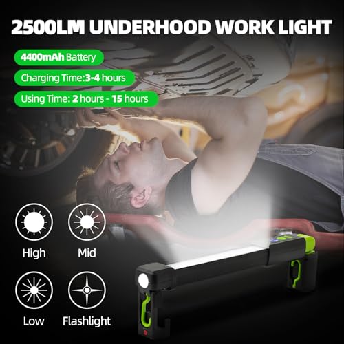 Magnetic Work Light,2500LM LED Underhood Work Light Bar with Hooks,4400mAh Rechargable Work Flashlight for Car Repair, Underhood, Workshop, Emergency