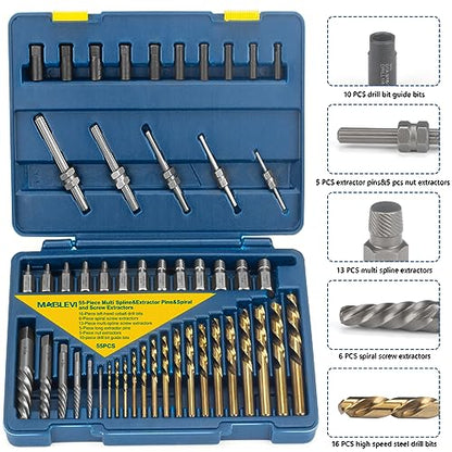 MABLEVI 55-Piece Screw Extractor Set, Broken bolt extractors & Multi-spline Extractors, and Drill Bits for Removing Stripped Screws, Studs, Fittings, Lugs Extraction - size: 55-piece