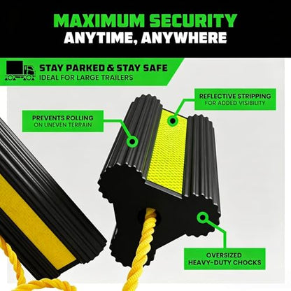 Heavy Duty Rubber Wheel Chocks 2-Pack, Non-Slip Tire Wedges for Trucks, RVs, Trailers – Tri-Point Grip with Reflective Strips & Grab Rope