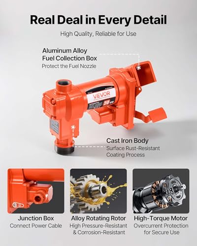 VEVOR Fuel Transfer Pump, 12V DC 20 GPM 1/4 HP Diesel Pump, Extractor Pumps with Manual Nozzle, Discharge Hose and Suction Pipe, for Gasoline, Diesel, Kerosene, Ethanol-Methanol Blends & Biodiesel - size: 12V 20GPM