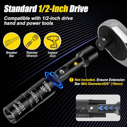 Topec 17mm x 19mm Flip Lug Nut Extractor, 1/2" Drive Lug Nut Removal Tool, 2-IN-1 Wheel Lock Remover Socket | Extension Bar Not Included - size: 17 x 19mm