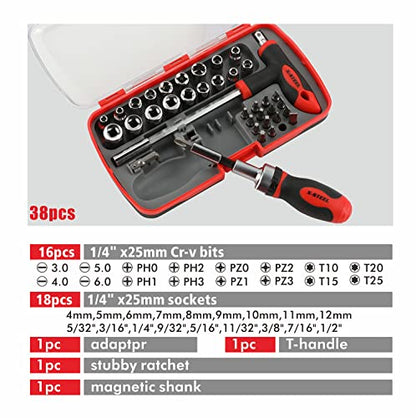 38-Piece Ratcheting Screwdriver Sets nut Driver Set Magnetic Torx Slotted Phillips Square Muti Screwdriver Bits Sockets Set T-Handle Rachet Tools Set Basic Tool Kit for Home Repair Dorm Mechanics - size: 38PCS