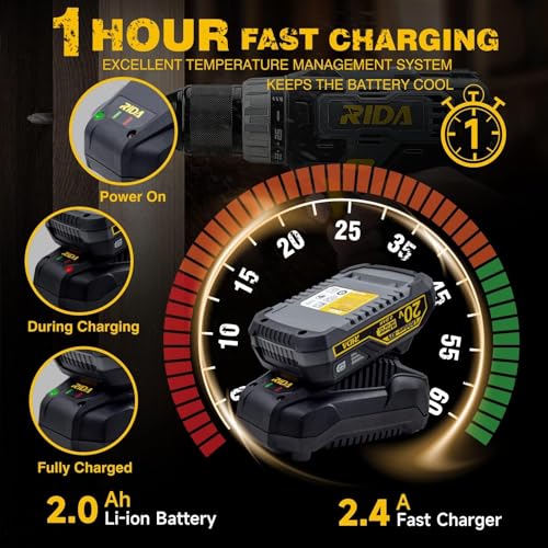 RIDA 20V Cordless Power Drill Set 1/2'' Keyless Metal Chuck 355 In-lb DIY | 2.0AH Battery, Fast Charger, 0-1500 rpm, Variable Speed, 25+1 Position, 22pcs Bits, Home Repairs