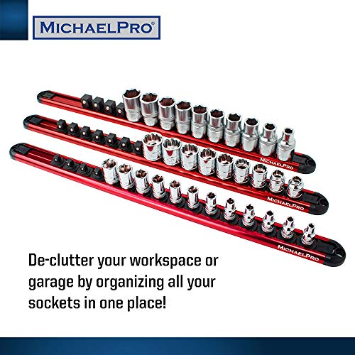 MichaelPro 3-Piece Aluminum Socket Organizer Rail Set- 1/4-inch, 3/8-Inch, and 1/2-Inch Drive Tool Socket Organizers Hold 46 Sockets, Heavy Duty Socket Storage | MP014001 - style: Non-Magnetic