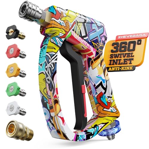 Short Pressure Washer Gun with Swivel, Power Washer Gun | 4000PIS Pressure Washer Wand for Foam Cannon, 3/8" & M22-14mm Connect, 1/4" Quick Connect, Car Washer Gun 5 Spray Nozzle - color: Graffiti-360° Swivel Inlet