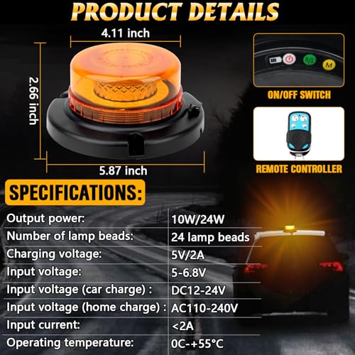 Remote Control Beacon Light, Rechargeable Wireless Amber Flashing Lights with Magnetic,15 Modes, High Low Brightness for Snowplow Tow Work Trucks Tractor - color: Amber