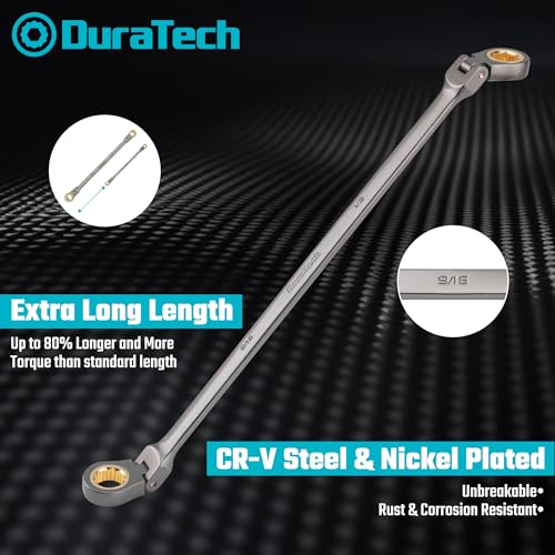 DURATECH Extra Long Anti-Slip Flex-Head Ratcheting Wrench Set, 5-Piece, SAE | Double Box End, 1/4" to 13/16", 72-Tooth, 5° Swing Arc, for Tight Spaces, CR-V Steel, Grey Nickel Plated, EVA Foam Organizer