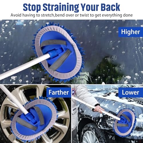 anngrowy 62" Microfiber Car Wash Brush with Long Handle Car Washing Mop Kit Mitt Sponge Car Cleaning Supplies Kit Duster RV Washing Car Brush Accessories, 1 Chenille Scratch-Free Replacement Head - color: Blue