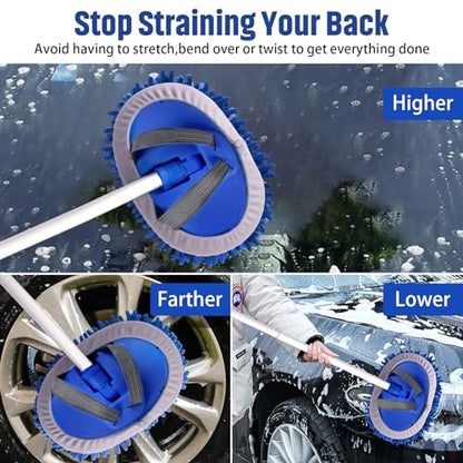 anngrowy 62" Microfiber Car Wash Brush with Long Handle Car Washing Mop Kit Mitt Sponge Car Cleaning Supplies Kit Duster RV Washing Car Brush Accessories, 1 Chenille Scratch-Free Replacement Head - color: Blue