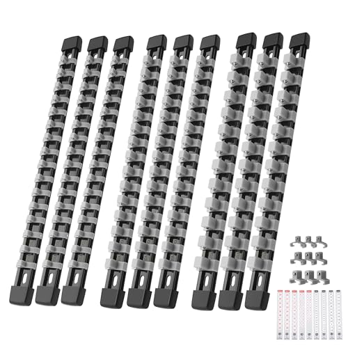 Reniteco 9-Pack Socket Organizer Set, 1/4" x 48 3/8" x 45 1/2" x 36 Clips | 129 Clip Capacity, Havy-Duty ABS Socket Rails, Removable Clips, Drive Socket Storage, Toolbox Drawer or Wall Mount - color: Grey, size: 9 Pcs