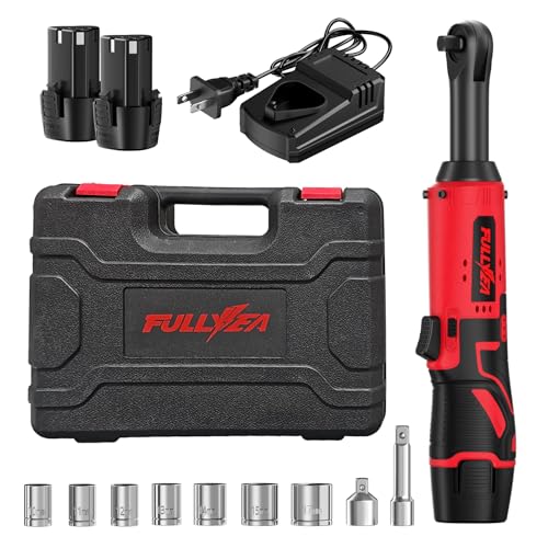 FULLYEA Electric Ratchet Wrench Set,12V Cordless Ratchet Wrench 3/8", 400 RPM Power Ratchet Tool Kit with LED Light, 7 Sockets, 1/4" adapter, 2 Packs 2000mAh Battery and Fast Charger